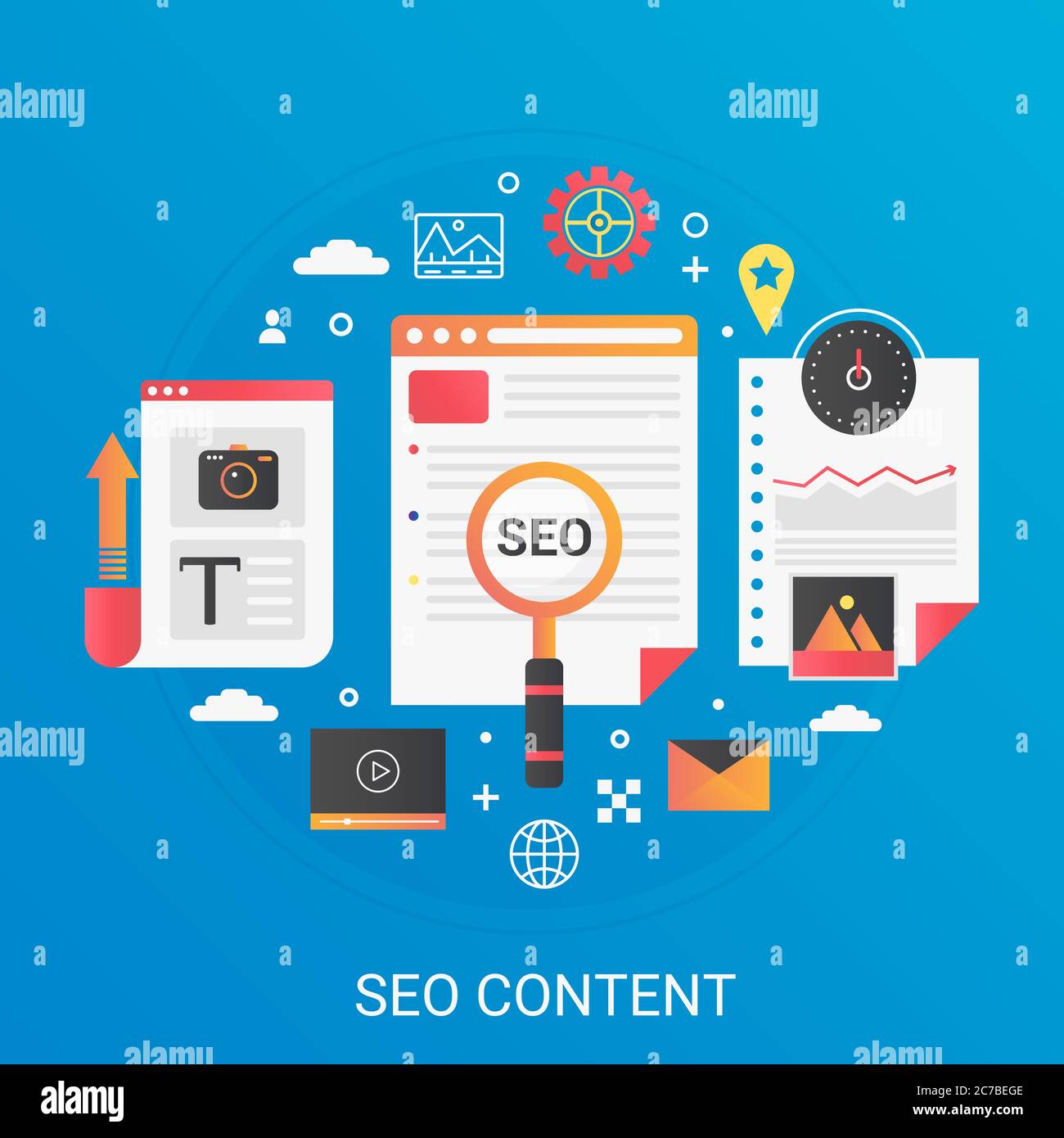 Moderno vettore piatto gradiente SEO content sviluppo banner concept con icone e testo Illustrazione Vettoriale