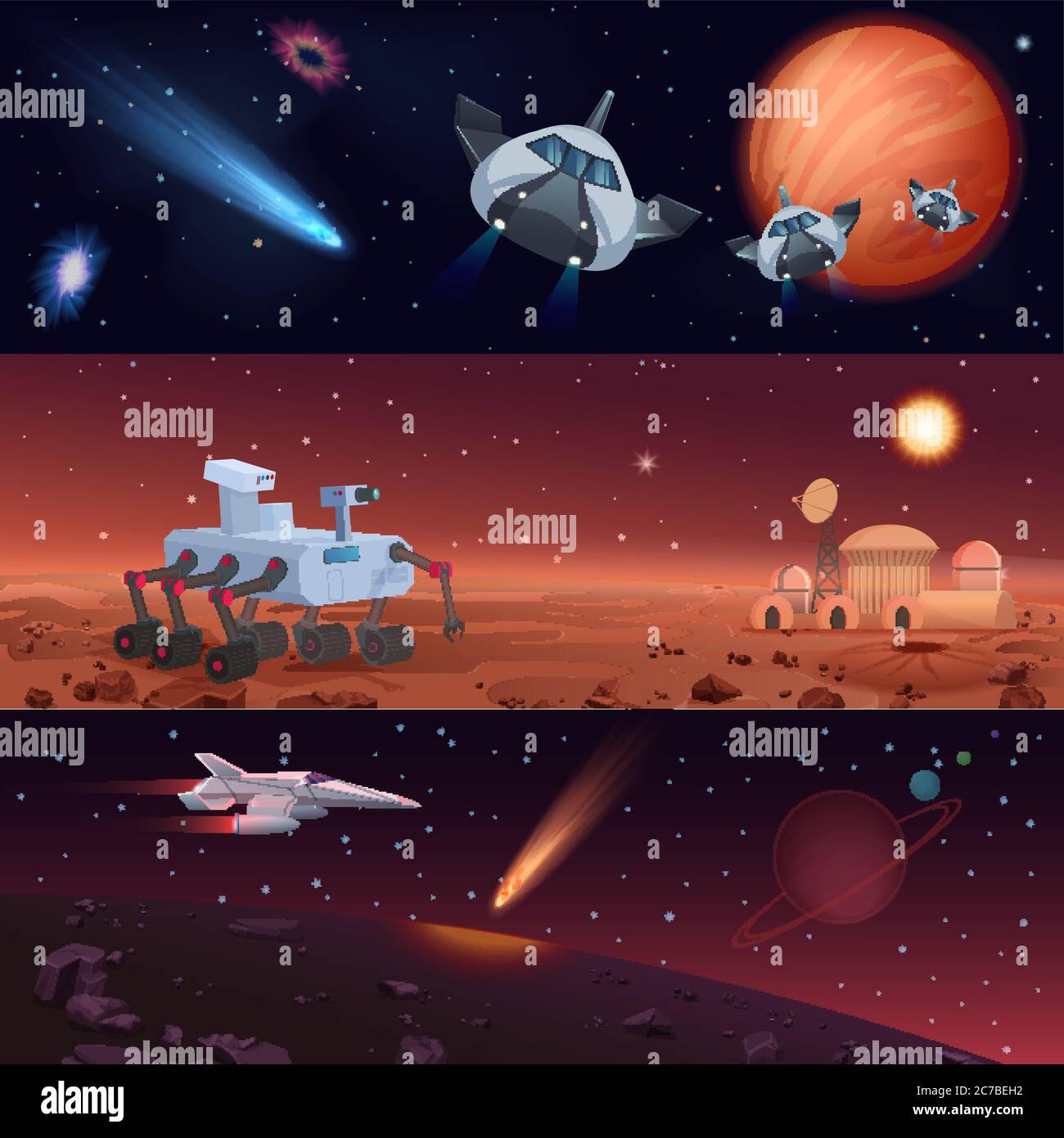 Insieme di illustrazioni vettoriali di rover e navicelle spaziali che svolgono la missione di Marte e Universo esplorazione e conquista di stelle e pianeti Illustrazione Vettoriale