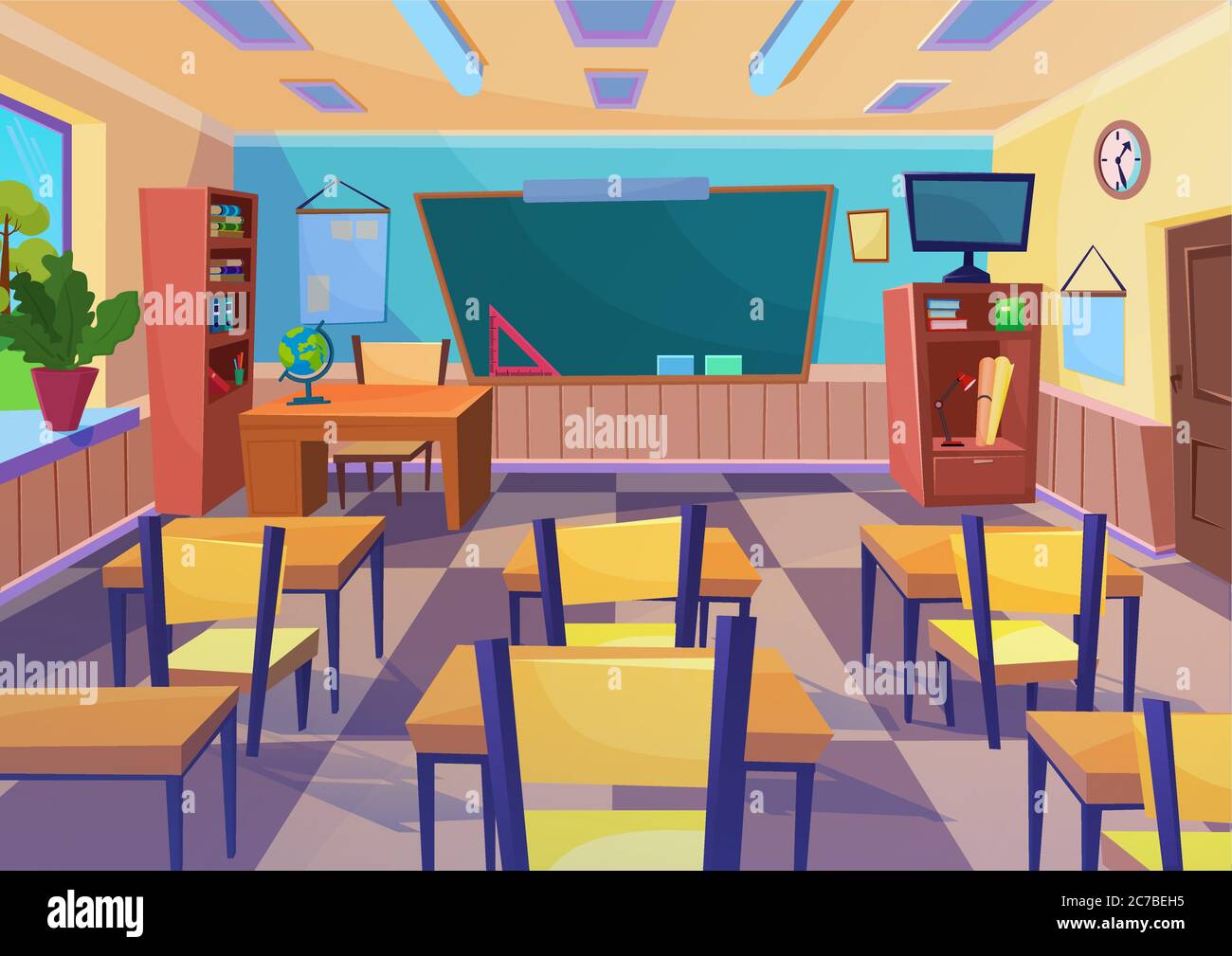 Interno vuoto della sala della classe scolastica con cartoni animati vettoriali e tavolo da tavolo Illustrazione Vettoriale