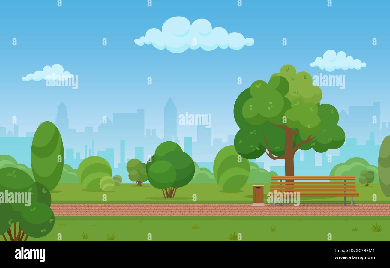 Cartoni animati vettoriali illustrazione di un moderno parco cittadino vuoto con grattacieli edifici sfondo Illustrazione Vettoriale