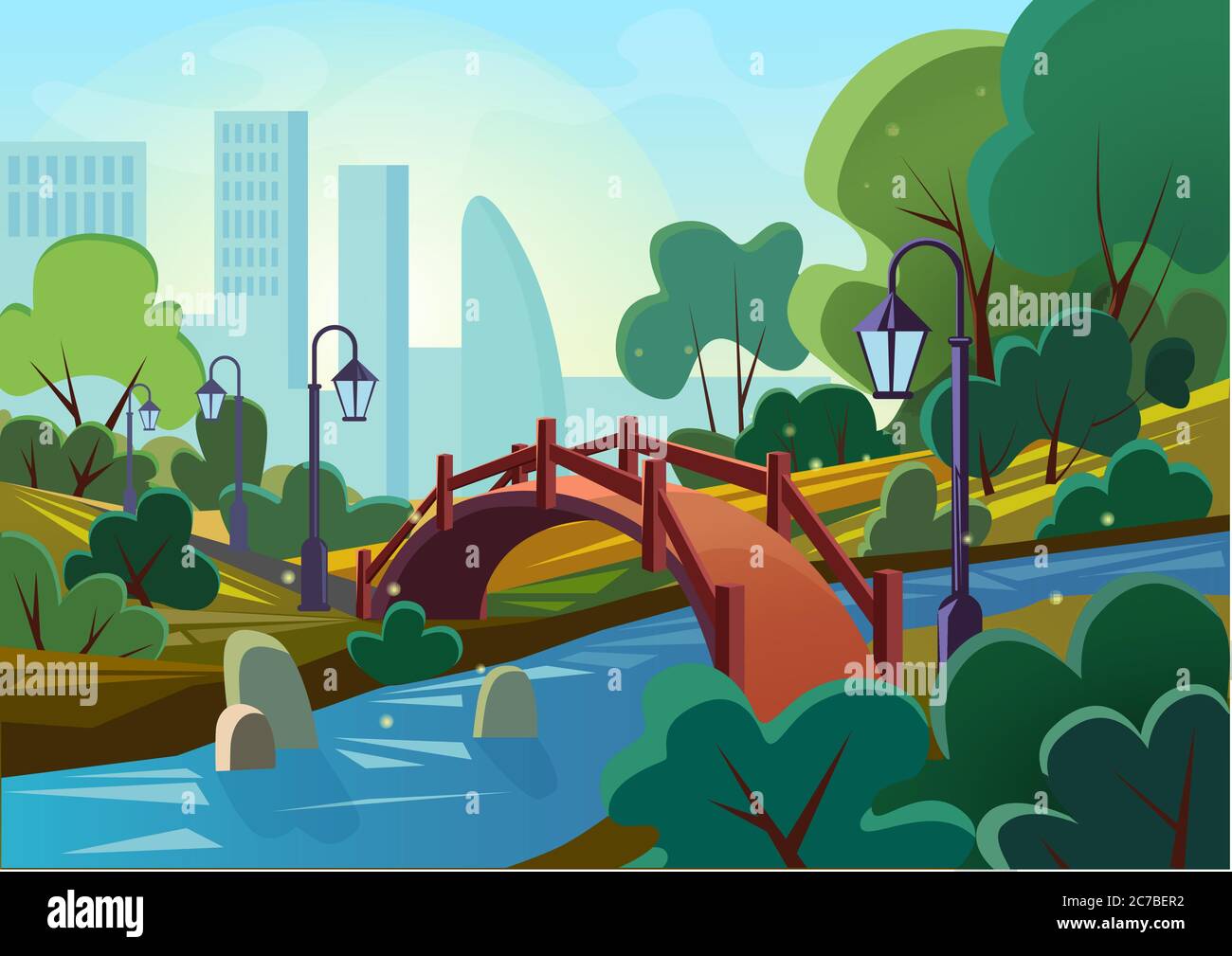 Cartoni animati vettoriali illustrazione di un bellissimo parco cittadino estivo con ponte e fiume al mattino all'alba Illustrazione Vettoriale