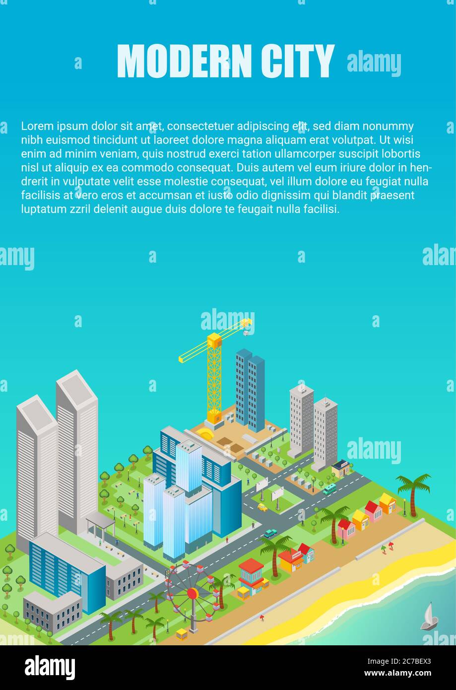 Vettore isometrico della mappa della città con edifici moderni e spiaggia con parco divertimenti. Modello poster pubblicità Illustrazione Vettoriale