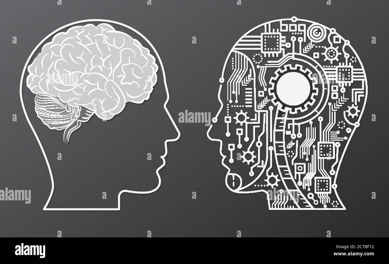 Testa mentale del cervello umano con illustrazione del concetto della testa del robot di intelligenza artificiale Illustrazione Vettoriale