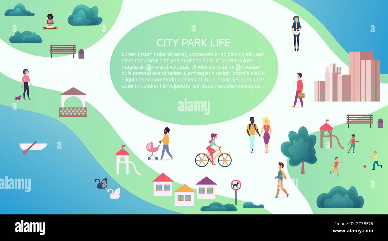 Vector Top mappa visione concettuale delle persone al parco pubblico della città passeggiate e attività ricreative all'aperto. Illustrazione Vettoriale