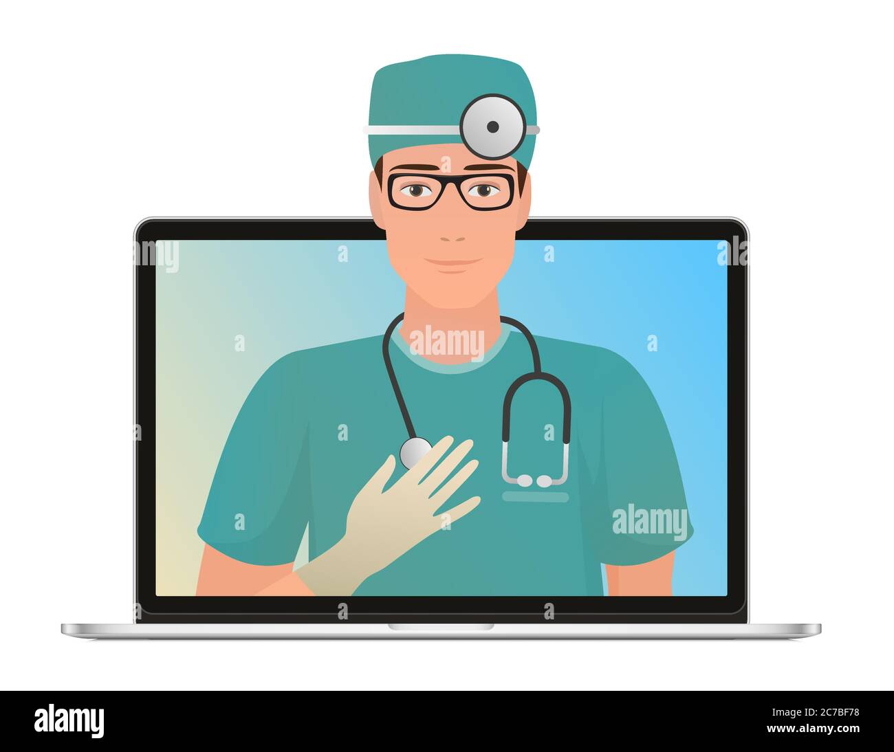 Vector Male Doctor con concetto di consultazione medica online, servizi sanitari. Chiedere un medico online da computer portatile Illustrazione Vettoriale