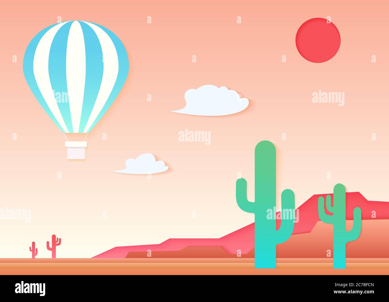 Mesa vettore, cactus e aria calda ballon nel deserto. Carta applicata per un paesaggio di stile artistico Illustrazione Vettoriale