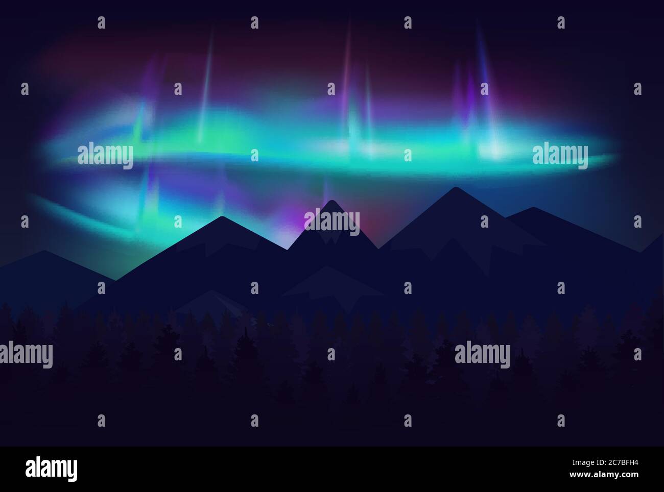 Vettore belle luci a nord aurora borealis nel cielo notturno sopra le montagne cartoon Illustrazione Vettoriale