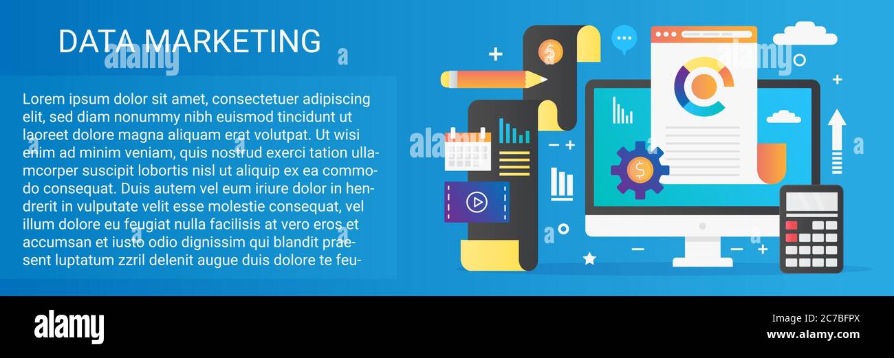 Banner moderno vettoriale a gradiente piatto concetto di marketing dati con icone e testo Illustrazione Vettoriale