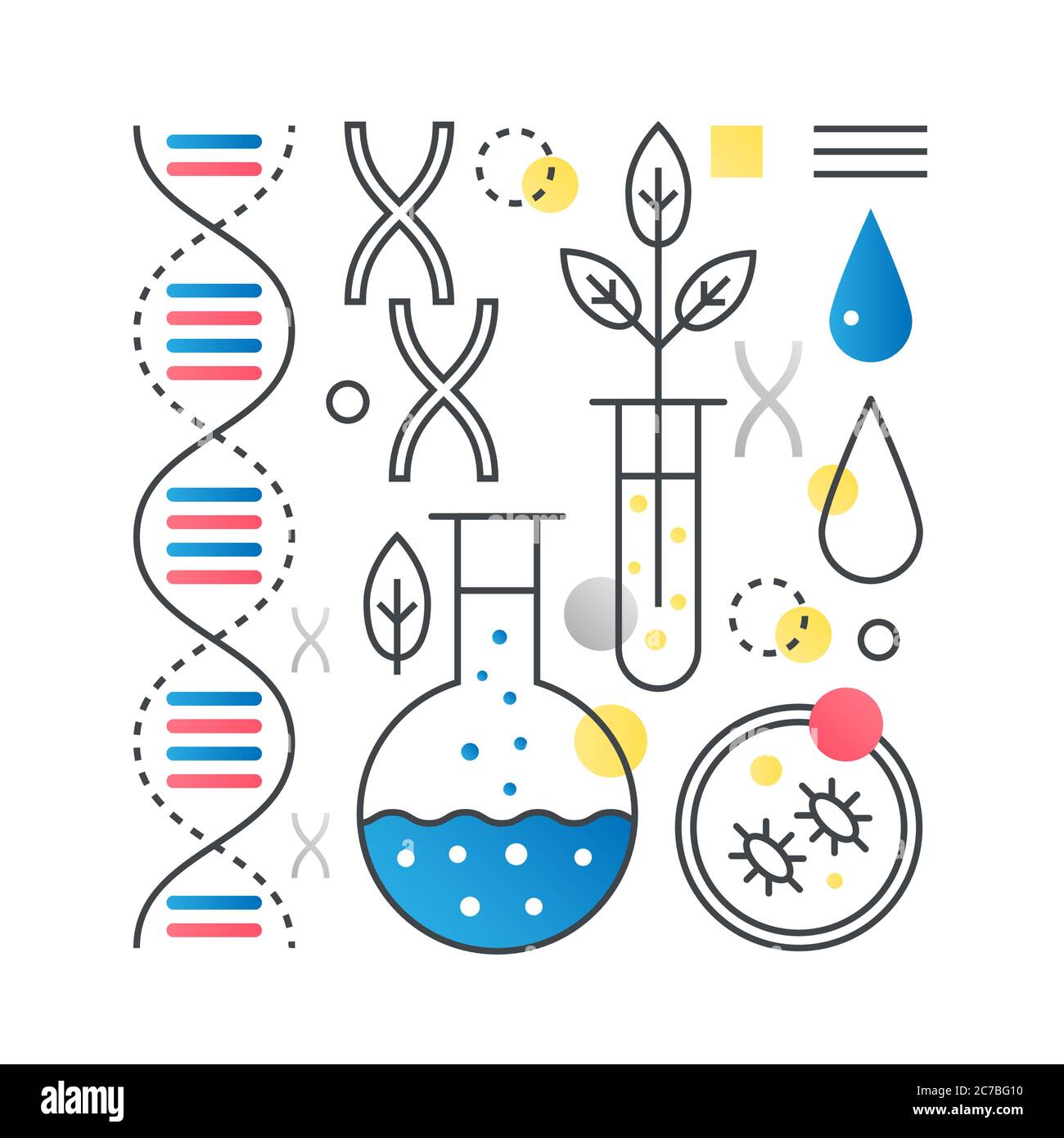 Ricerca DNA, Biotecnologia, concetto vettoriale di analisi genetica in linea trendy con colore piatto a gradiente Illustrazione Vettoriale