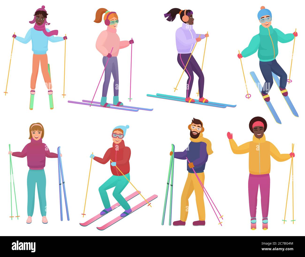 Set sciatori. Uomini e donne sciano. Illustrazione vettoriale a gradiente piatto alla moda Illustrazione Vettoriale