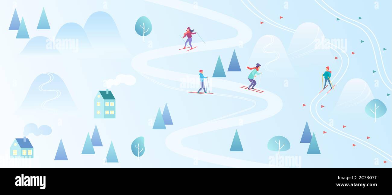 Stazione sciistica con sciatori. Sfondo stile mappa sci di montagna. Villaggio invernale case resort con persone. Illustrazione vettoriale del colore del gradiente Illustrazione Vettoriale