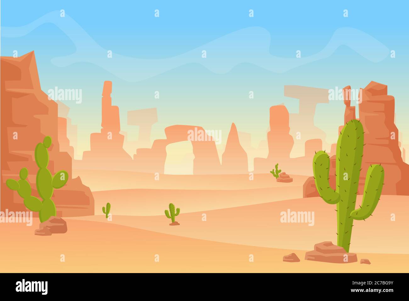 Illustrazione vettoriale cartoon della silhouette del Texas occidentale o del deserto messicano. Scena occidentale dell'America occidentale selvaggia con montagne e cactus nel deserto secco Illustrazione Vettoriale