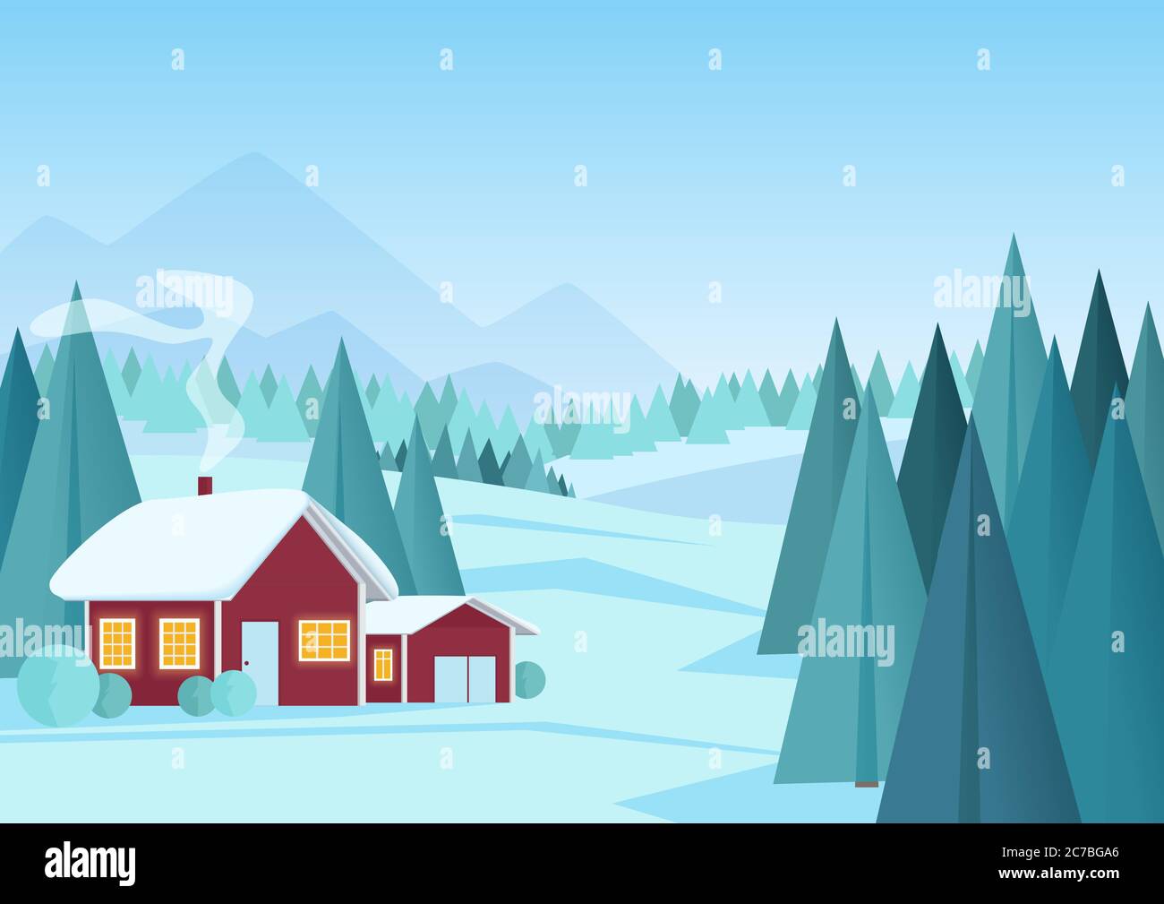 Paesaggio invernale di Natale con piccola casa rossa in pineta illustrazione vettoriale. Paesaggio invernale Cartoon Illustrazione Vettoriale