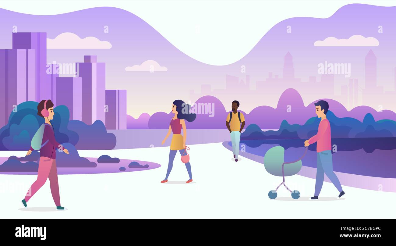 La vita delle persone in una moderna città ecologica. Persone a piedi in un parco moderno con grattacieli sullo sfondo. Illustrazione vettoriale dei colori sfumati dei cartoni animati alla moda Illustrazione Vettoriale