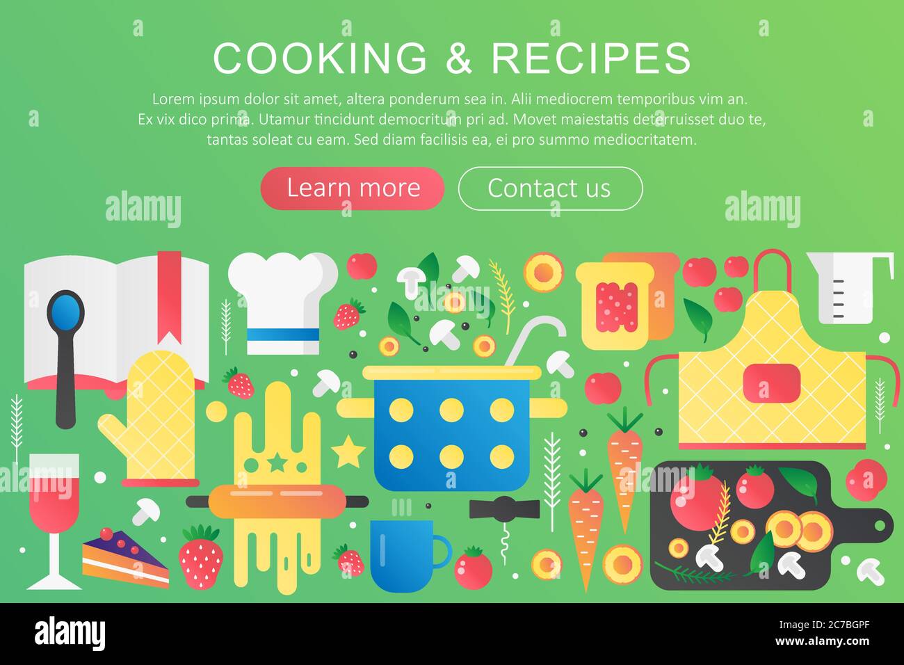 Vettoriale trendy piatto gradiente colore cucina e ricette concept banner con icone e testo Illustrazione Vettoriale