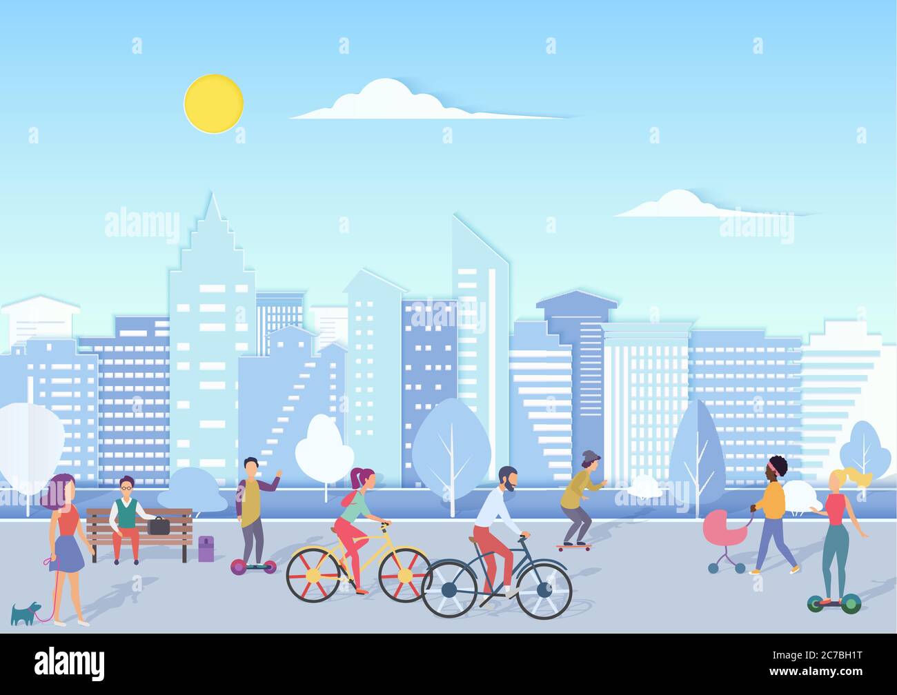 Persone con bikecycles, hoverboards, bambini a piedi e relax in città piazza strada con moderno skyline della città sullo sfondo. Illustrazione vettoriale a gradiente piatto alla moda Illustrazione Vettoriale