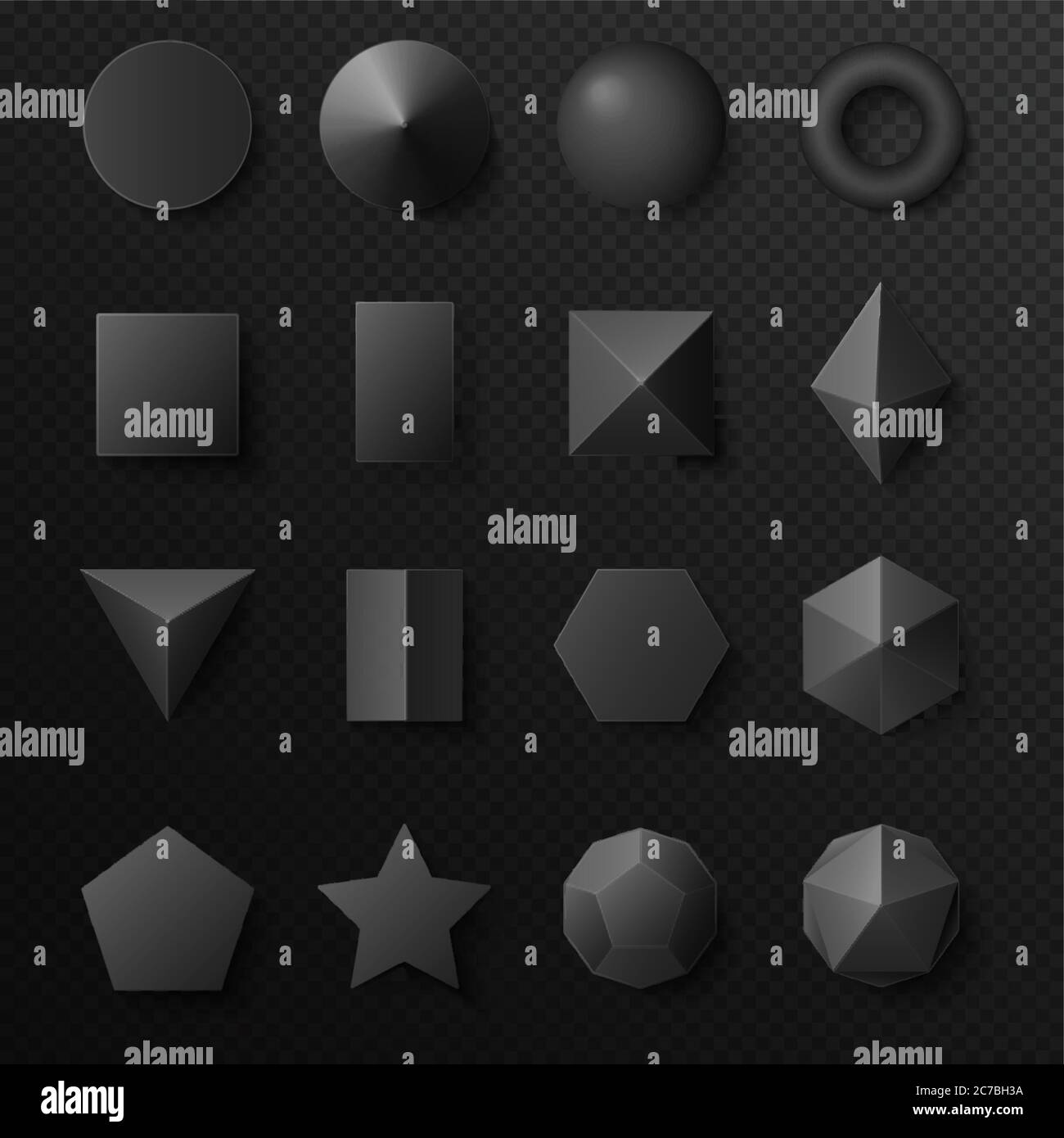 set di figure volumetriche nere 3d. Primitive vettoriali realistiche con ombre Illustrazione Vettoriale