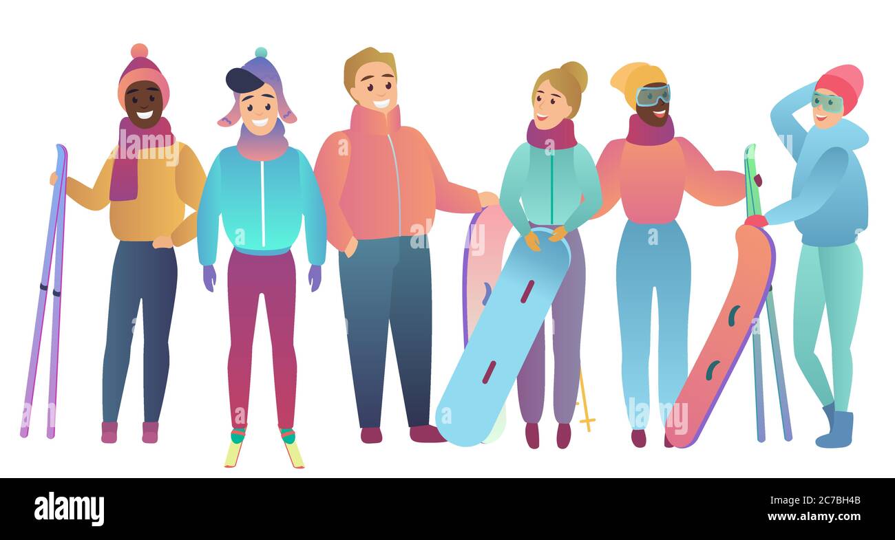 Gruppo di simpatici sciatori cartoon e snowboarder giovani trendy gradiente piatto colore illustrazione vettoriale Illustrazione Vettoriale