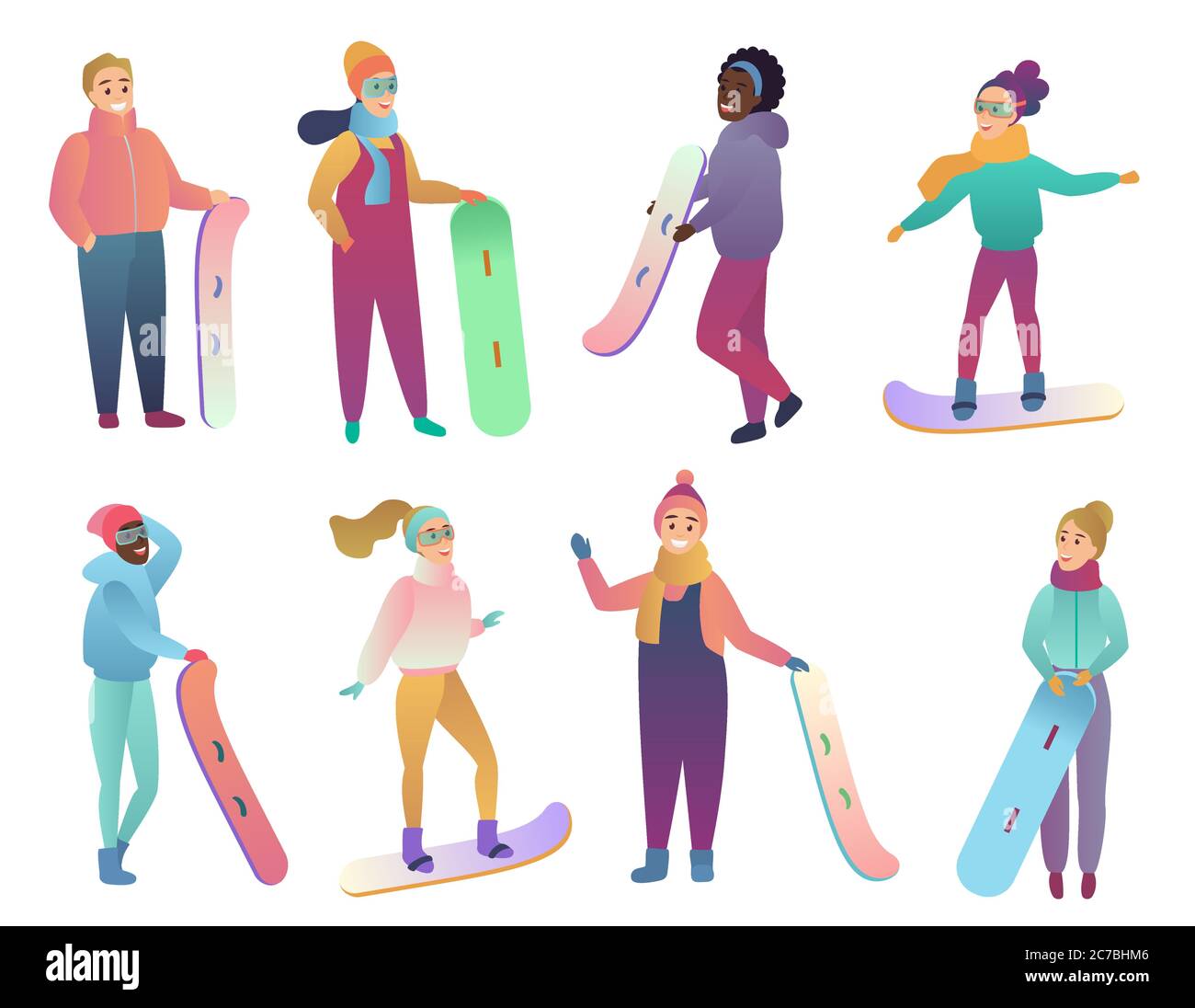 Tempo libero attivo invernale . Un gruppo di persone con snowboard e sci. Uomini e donne sono impegnati in sport invernali. Illustrazione vettoriale in stile piatto Illustrazione Vettoriale