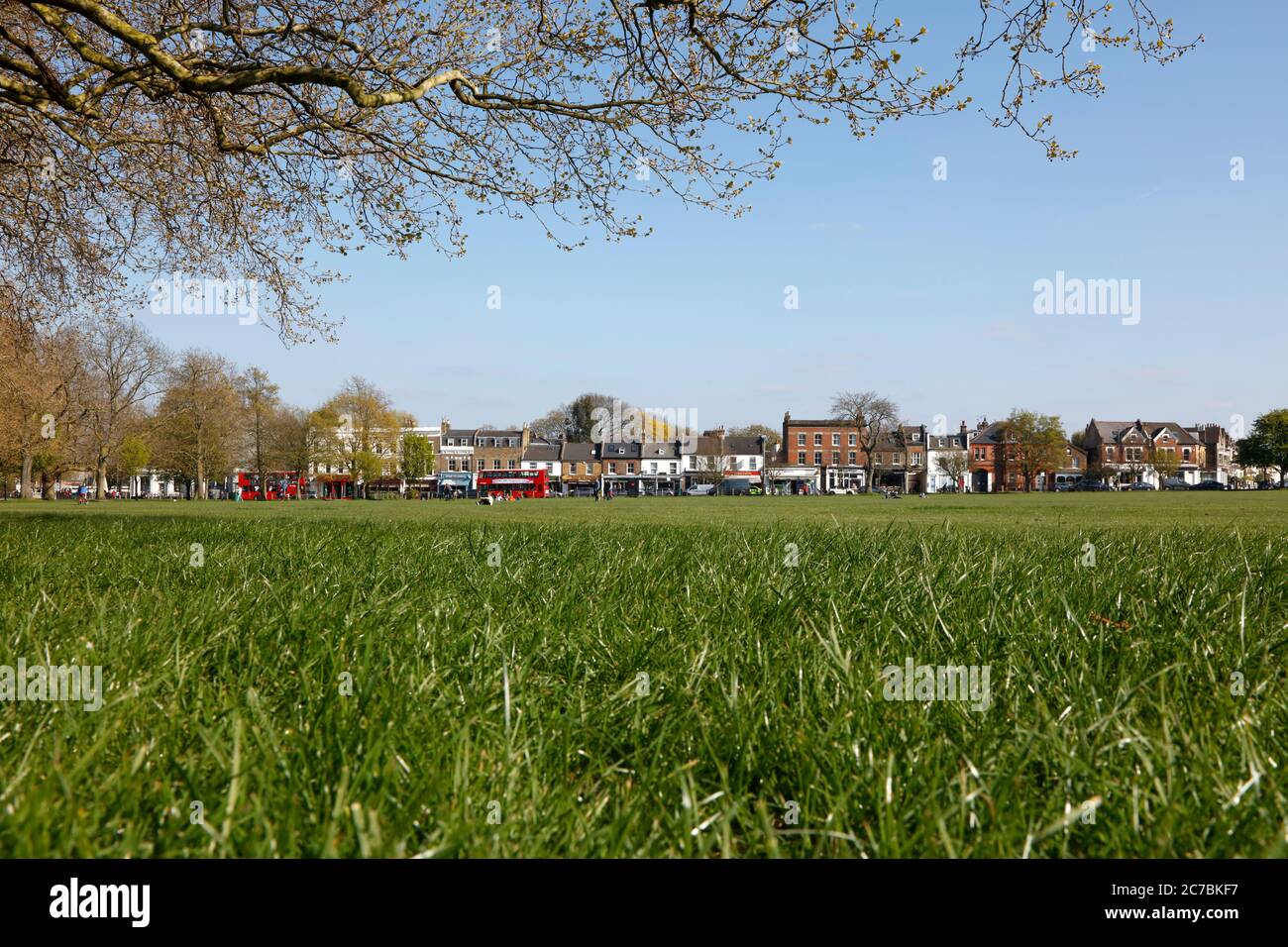 Vista attraverso Wandsworth Common a Bellevue Road, Wandsworth, Londra, Regno Unito Foto Stock