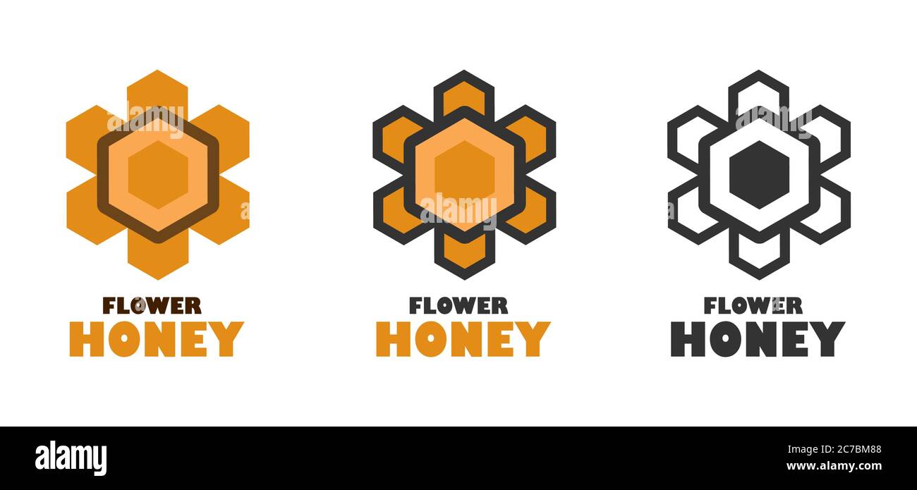 Logo di miele di fiori. L'immagine simbolica di un fiore, nidi d'ape ripieni di miele. Segno di apicoltore, apiario, compagnia di miele. Miele di prato. Isolato Illustrazione Vettoriale