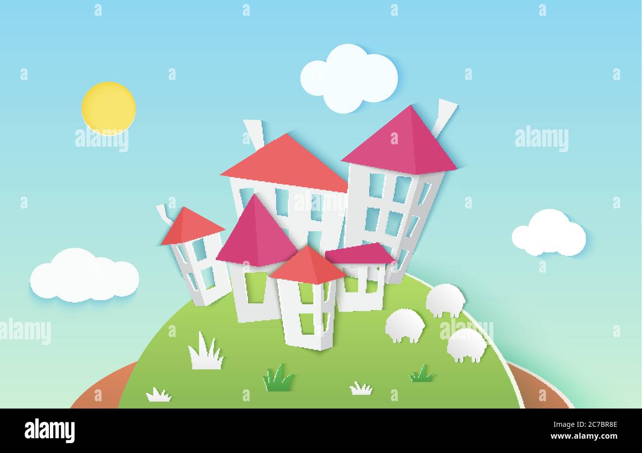 Piccole case carine edifici in carta. Illustrazione vettoriale della città in stile carta Illustrazione Vettoriale