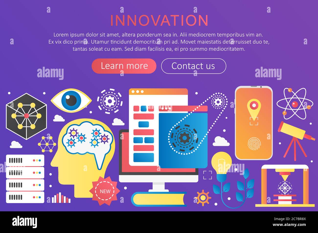 Banner vettoriale trendy con modello di innovazione dei colori a gradiente piatto con icone e testo Illustrazione Vettoriale Banner vettoriale trendy con modello di innovazione dei colori a gradiente piatto con icone e testo Illustrazione Vettoriale