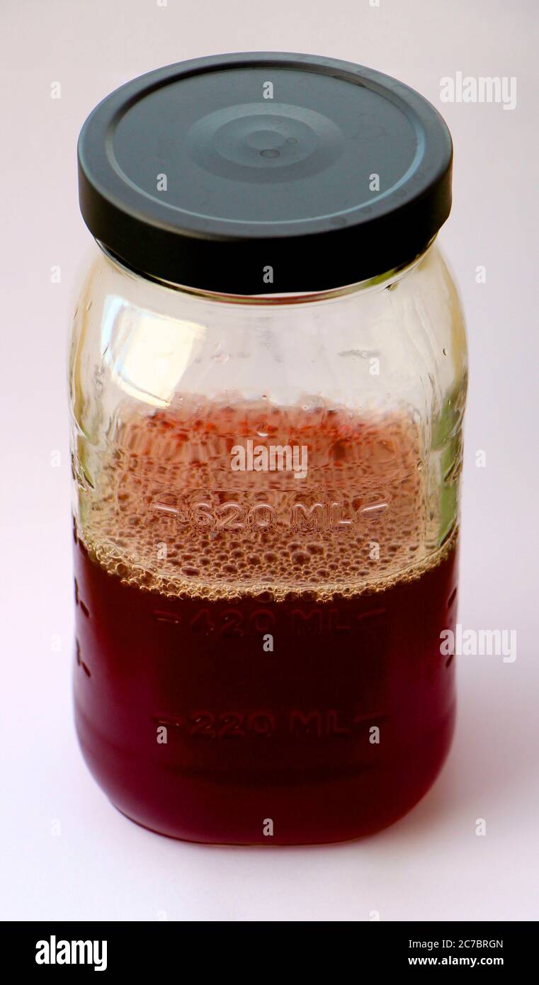 Vasetto di misurazione in vetro trasparente sigillato con quattro metodi di misurazione e un coperchio in metallo nero contenente succo di frutta di bosco rosso scuro mezzo pieno o mezzo vuoto ML Foto Stock