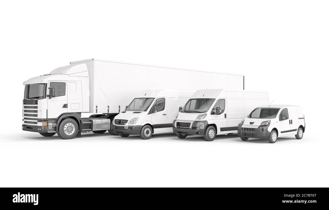 mezzi di trasporto merci di colore bianco. concetto di logistica di trasporto e carico. rendering 3d. Foto Stock
