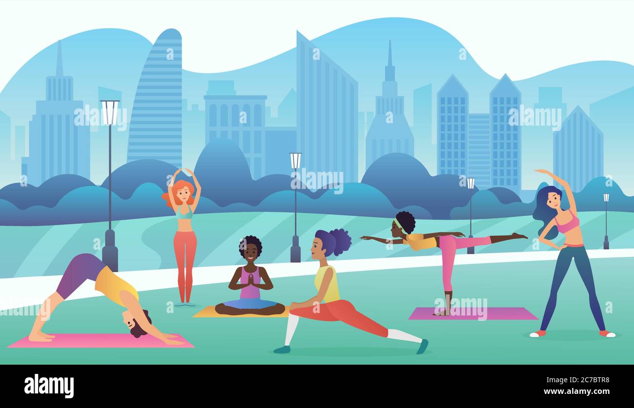Gruppo di donne che praticando yoga nel parco con sfondo moderno della città. Illustrazione vettoriale di colore sfumato alla moda Illustrazione Vettoriale