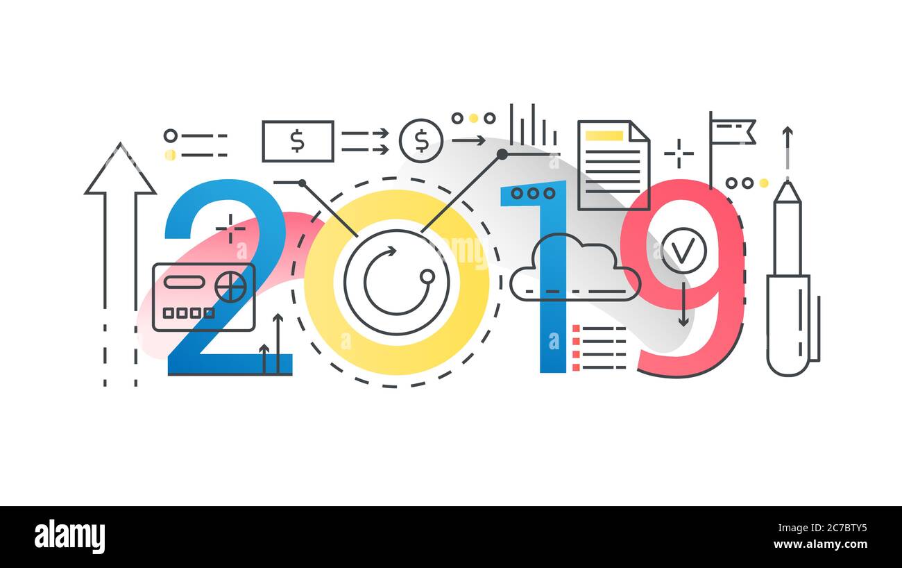 Banner di concetto di composizione alla moda di 2019 parole per la finanza. Delineare Stroke business, finanza, analisi degli investimenti. Icone a linea piatta scritte su sfondo bianco Illustrazione Vettoriale