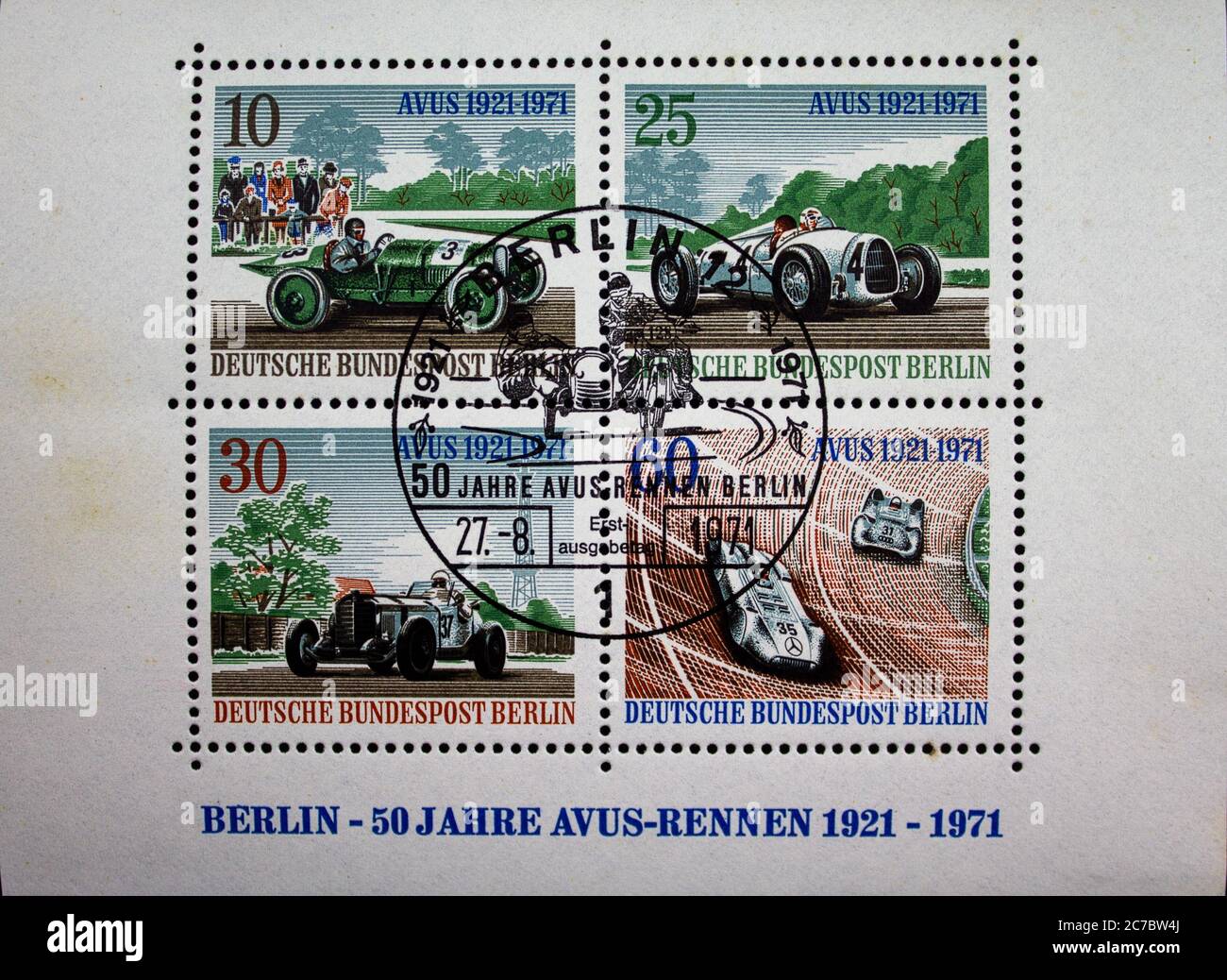 Francobollo dal FRG Berlino. Stampato il 27.08.1971. Blocco 3. 50 anni di gara AVUS. Speciale postmark Foto Stock