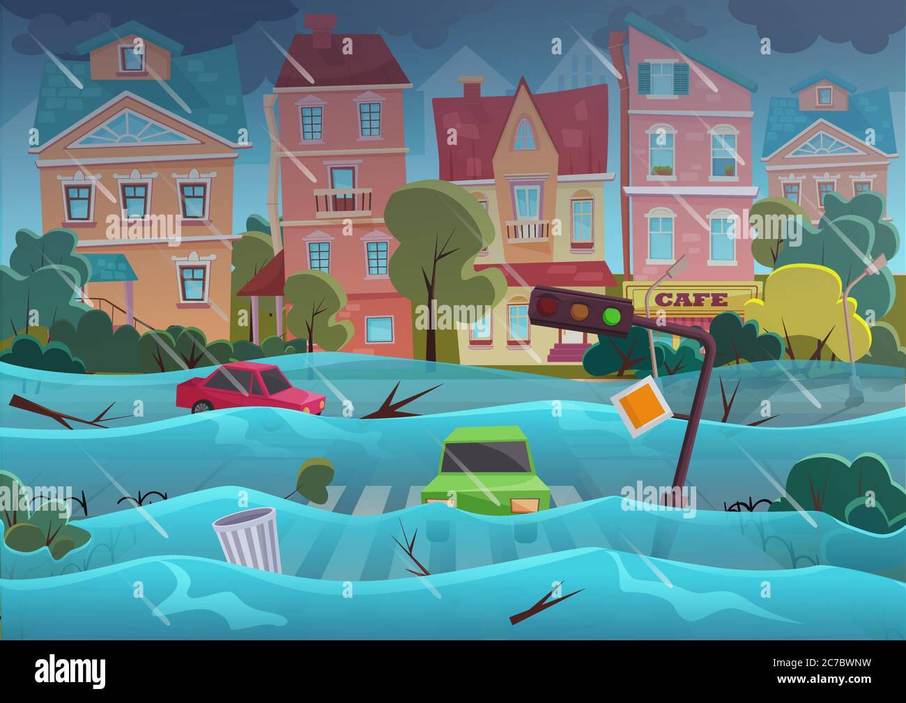 Inondazione disastro naturale in cartoon City Concept. Inondazioni e automobili della città con spazzatura che galleggia in acqua. Sfondo del paesaggio della città tempesta per poster o scheda Illustrazione Vettoriale