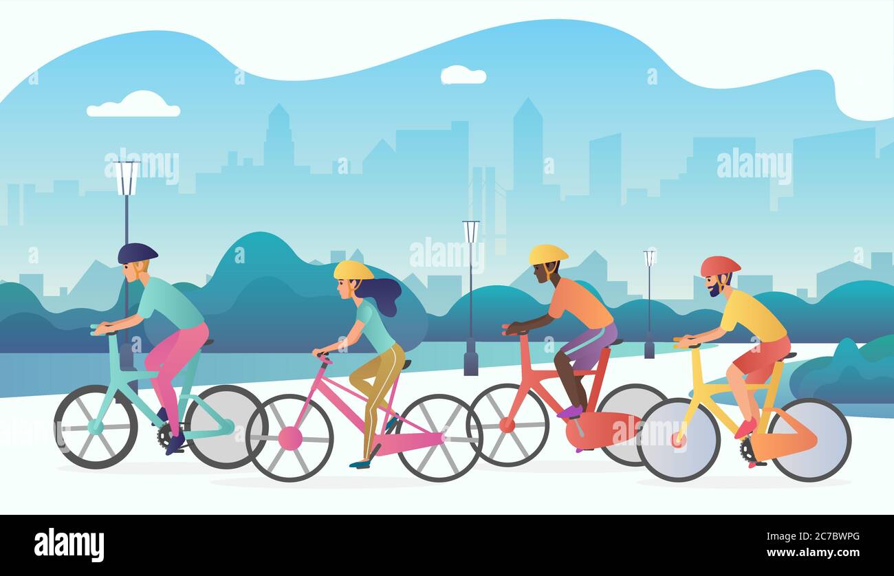 Ciclisti persone che cavalcano biciclette nel parco pubblico della città. Illustrazione vettoriale di colori radianti alla moda Illustrazione Vettoriale