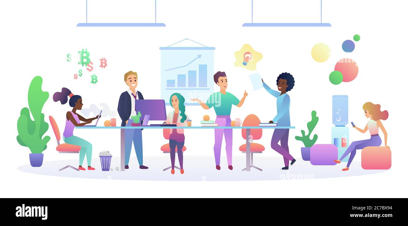 Concetto interno centrale del coworking. Persone multiculturali che parlano e lavorano al computer nel moderno ufficio open space. Illustrazione vettoriale di colore sfumato alla moda Illustrazione Vettoriale