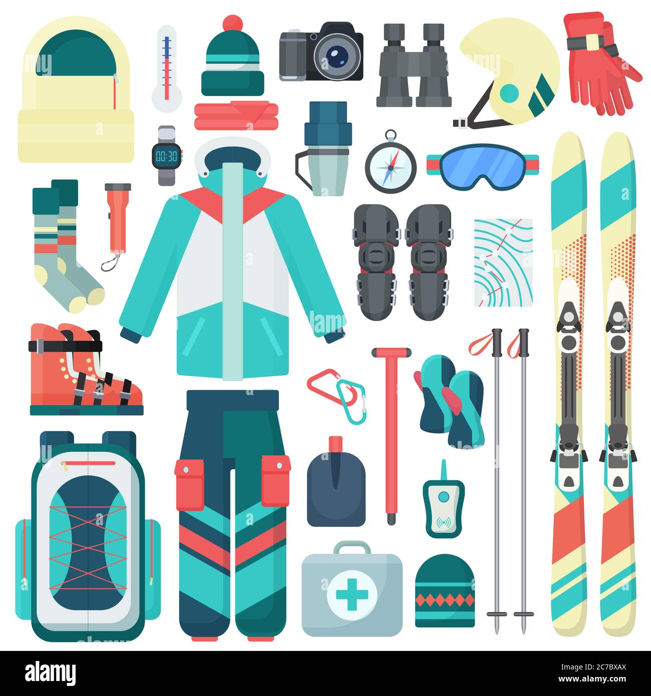 Set di icone vettoriali per attrezzature da sci invernale. Sport di viaggio montagna attività attrezzature isolate Illustrazione Vettoriale