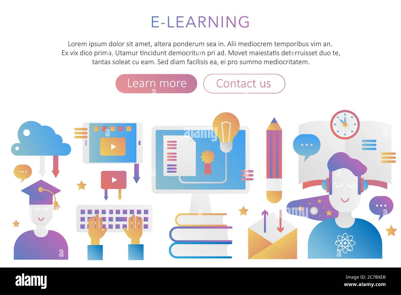 Poster di modello panoramico di fondo concetto e-learning scuola, studio a distanza online e formazione illustrazione vettoriale di gradiente moderno Illustrazione Vettoriale