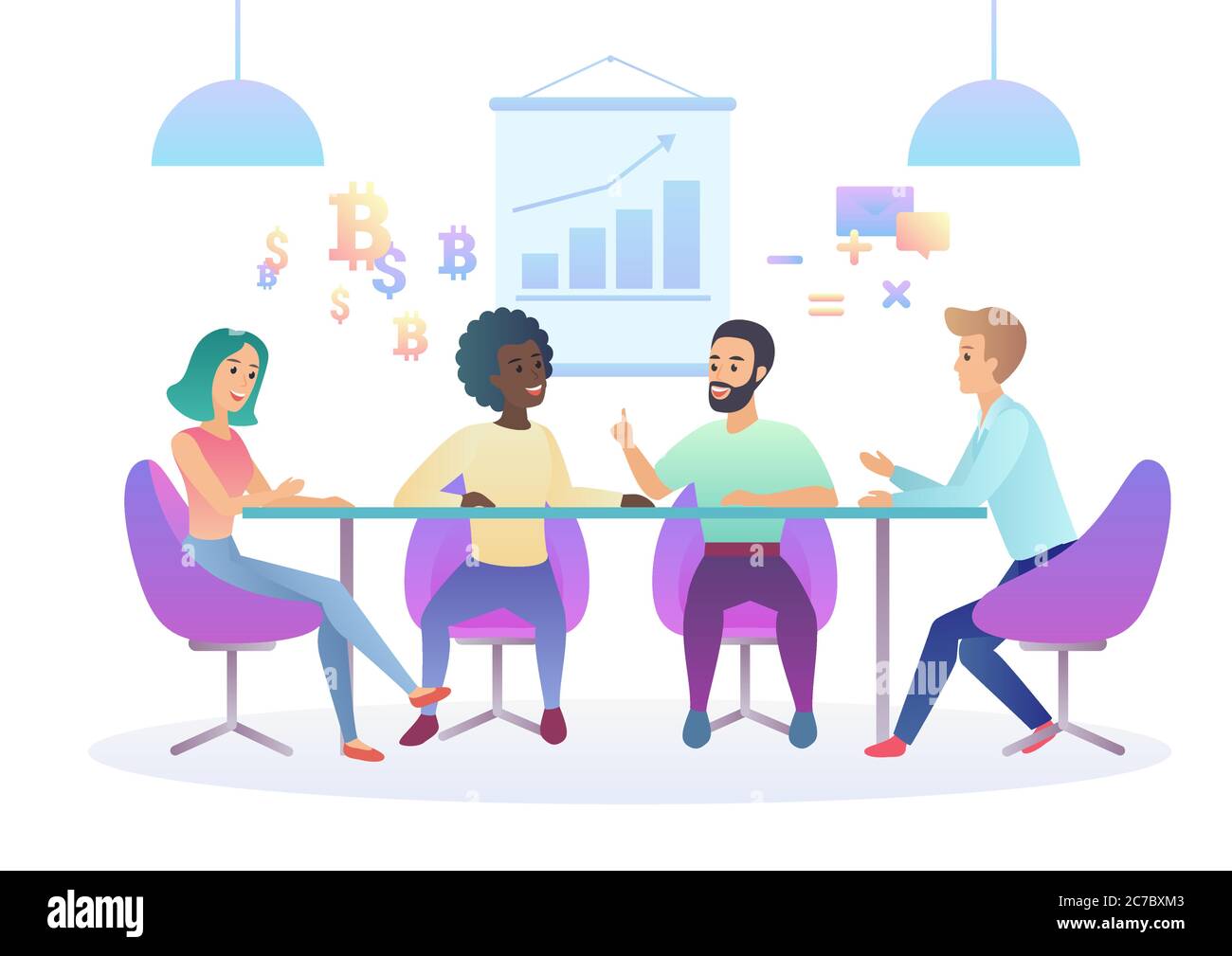 Illustrazione dei colori di sfumatura alla moda del centro creativo di coworking. Riunione di affari in ufficio. Team creativo multiculturale. Ambiente di lavoro condiviso Illustrazione Vettoriale