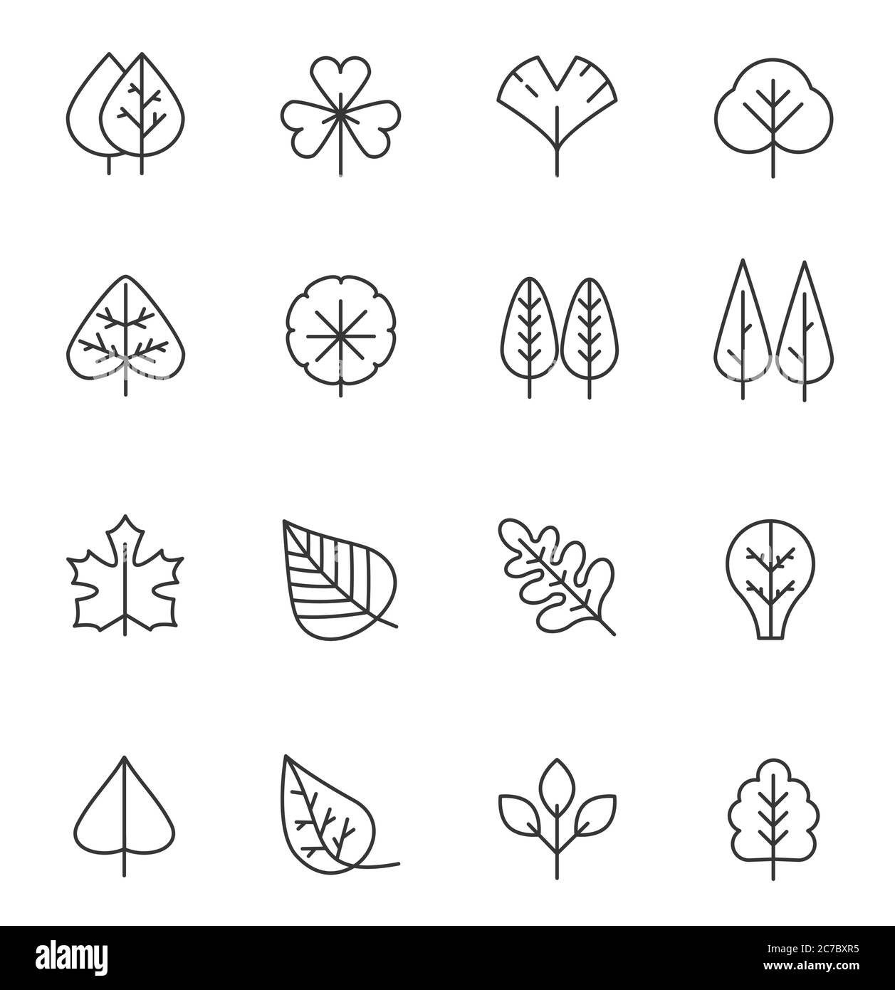 Set di icone ad albero e a linee di lamine. Simbolo di tratto naturale, tronco di legno e rami di contorno per la mappa Illustrazione Vettoriale