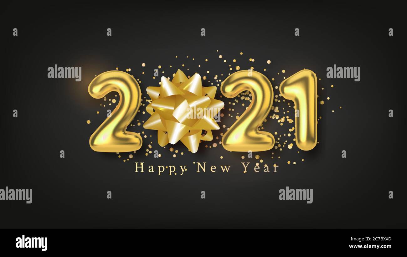 Felice anno nuovo sfondo con realistica iscrizione oro 2021 e arco d'oro su sfondo nero orizzontale Illustrazione Vettoriale