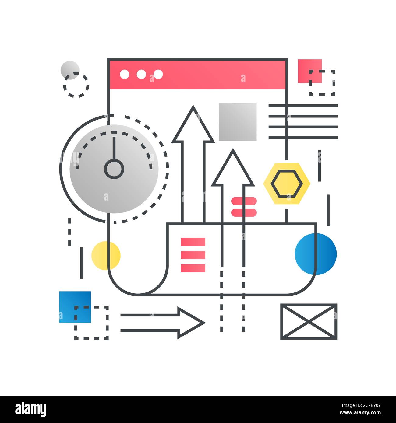 Ottimizzazione SEO Search Engine, concetto di sviluppo web concetto vettore in linea trendy con sfumatura colore piatto Illustrazione Vettoriale Ottimizzazione SEO Search Engine, concetto di sviluppo web concetto vettore in linea trendy con sfumatura colore piatto Illustrazione Vettoriale