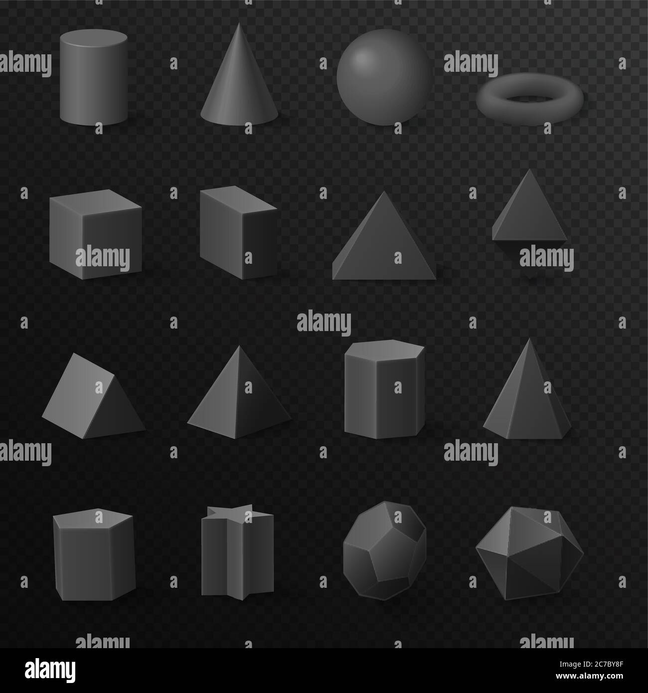 set di figure volumetriche di base in 3d con forma a diamante nero. Primitive vettoriali realistiche con ombre Illustrazione Vettoriale