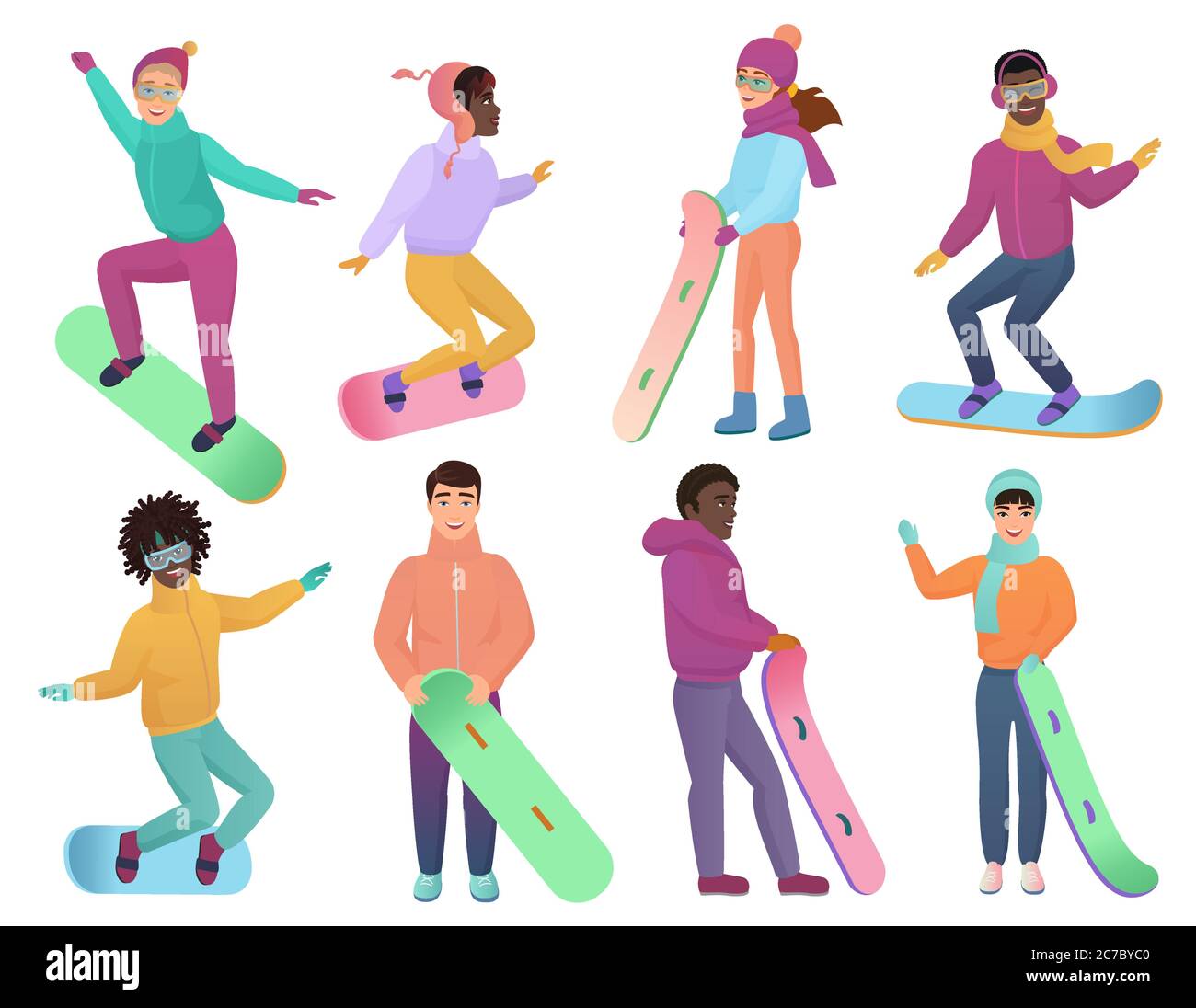 Set di snowboarder vettoriali a colori con gradiente cartoon. Uomo e donna su snowboard. Attività sportive invernali con snowboard Illustrazione Vettoriale