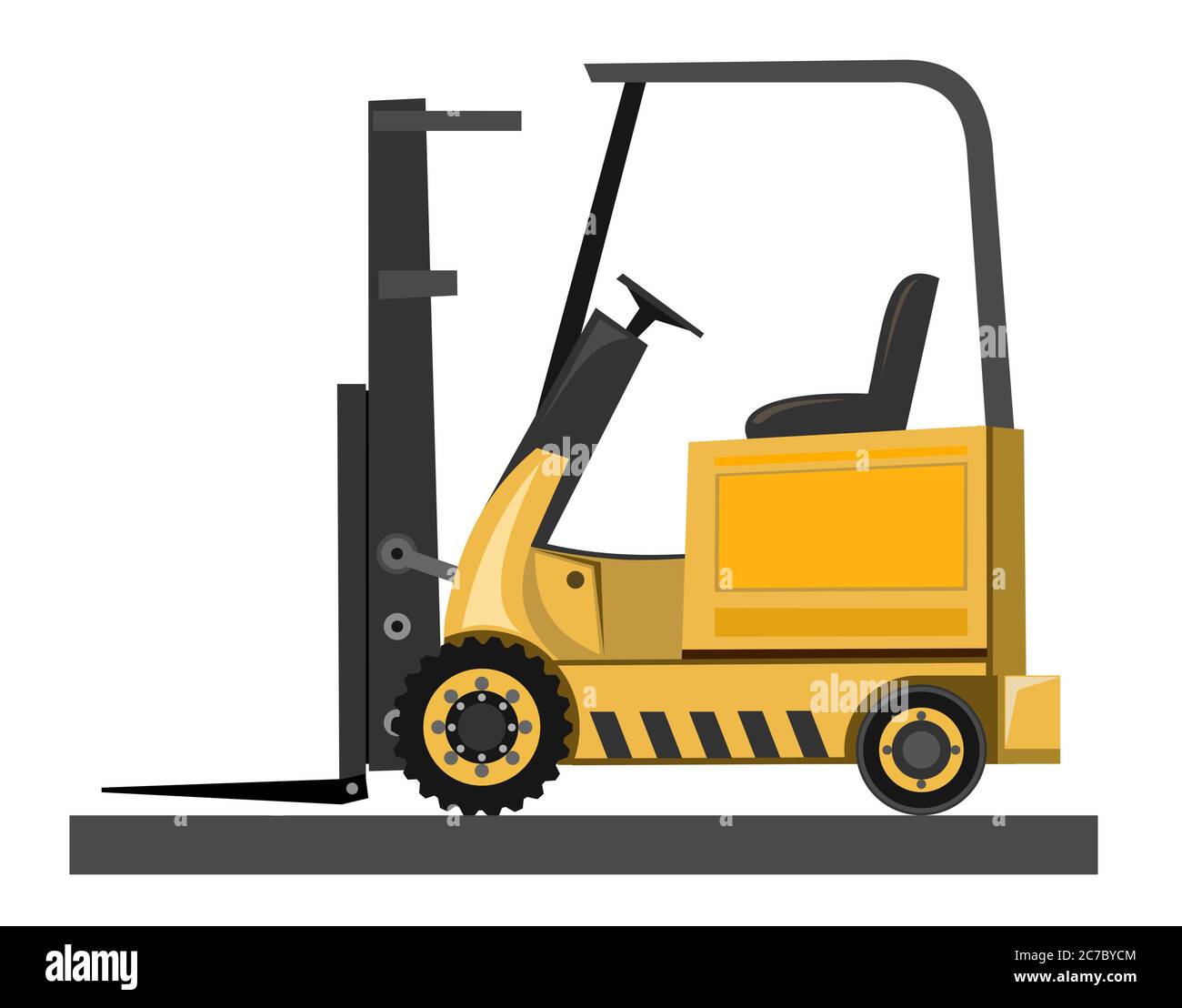 Carrello elevatore. Vettore. Scatole di carico, mattoni, pietre, barili, imballaggi in cartone, sacchi, cemento. Pallet per trasporto. Caricatore. Pallets di legno. Caricamento Illustrazione Vettoriale