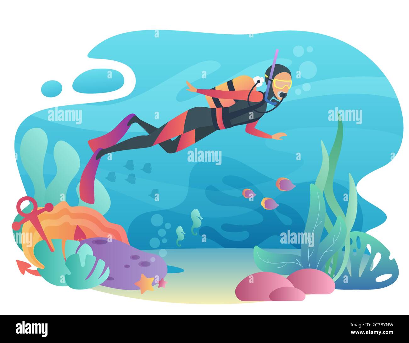 L'uomo professionista di Scuba Diver si tuffa nell'oceano. Nuoto subacqueo. Concetto di vacanza estiva di vacanze attive sportive Illustrazione Vettoriale