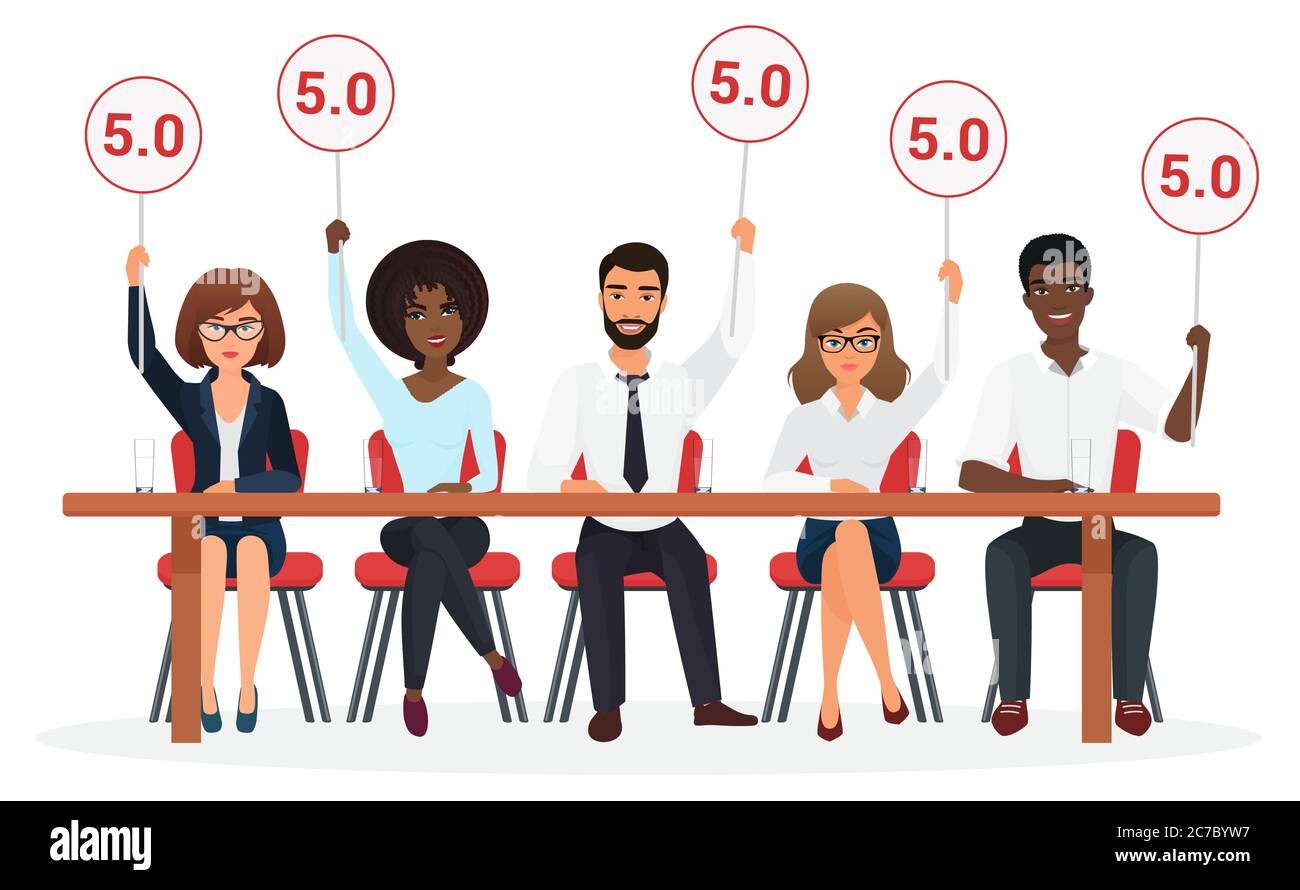 Gruppo di giovani giudici della competizione professionale. La giuria delle persone che tiene cartello con su tablet con stime Illustrazione Vettoriale
