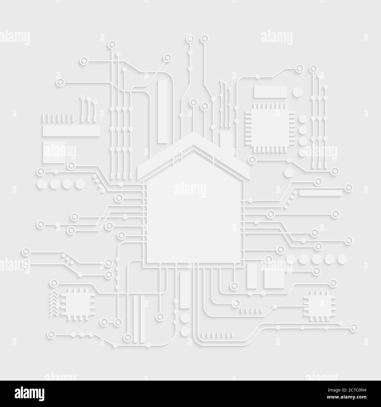 Icona della casa bianca Microchip. Concetto di illustrazione vettoriale per l'automazione domestica Illustrazione Vettoriale