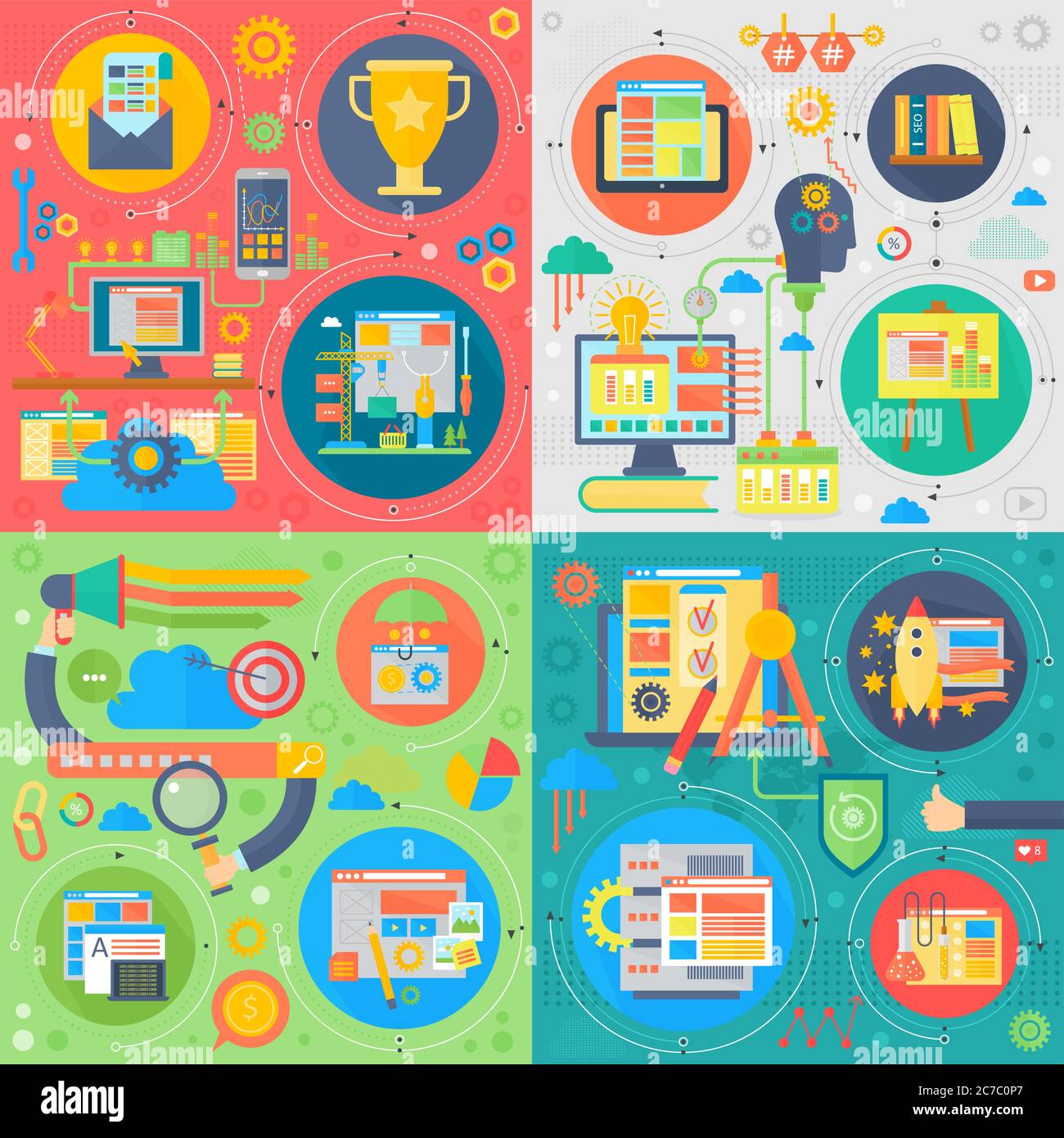 Design piatto alla moda SEO tecnologia vettore insieme di icone web. Esperienza di ricerca web utente, posizionamento sito web e marketing quadrato concetti insieme Illustrazione Vettoriale
