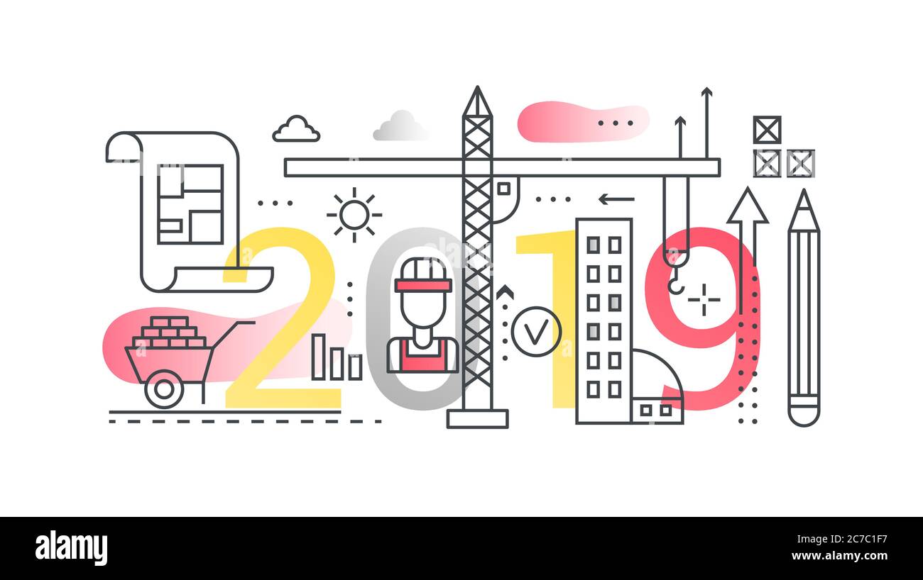 Costruzione di edifici, ingegneria, architettura, design urbano moderno, concetto di sviluppo urbano e dello spazio pubblico. Banner infografico creativo con elementi in stile sottile. Illustrazione vettoriale Illustrazione Vettoriale