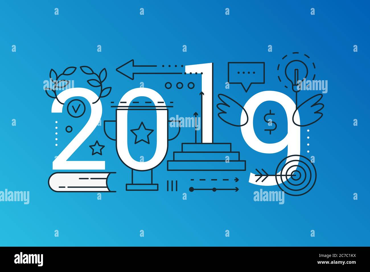 Successo 2019 parole trendy concetto di composizione banner. Delineare Stroke soluzione di successo, leadership, strategia di visione. Icone a linea piatta che stampano la tipografia Illustrazione Vettoriale Successo 2019 parole trendy concetto di composizione banner. Delineare Stroke soluzione di successo, leadership, strategia di visione. Icone a linea piatta che stampano la tipografia Illustrazione Vettoriale